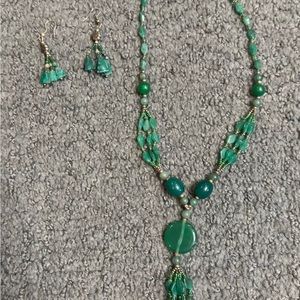 Vintage Green Round Glass Beaded Necklace & Earrings